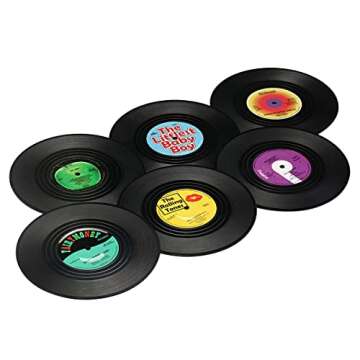 MECOWON Vinyl Record Coasters with Record Player Holder - 6Packs, Cool Coasters for Music Lovers, Gr...