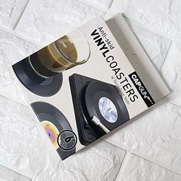 MECOWON Vinyl Record Coasters with Record Player Holder - 6Packs, Cool Coasters for Music Lovers, Great for Housewarmings, Parties, or Any Music Enthusiast in Your Life.