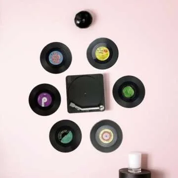 MECOWON Vinyl Record Coasters with Record Player Holder - 6Packs, Cool Coasters for Music Lovers, Great for Housewarmings, Parties, or Any Music Enthusiast in Your Life.