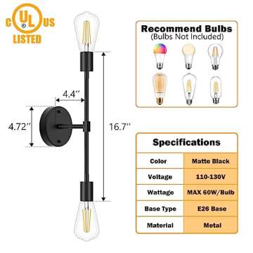 FadimiKoo 2-Light Black Bathroom Light Over Mirror, Modern Sconces Wall Lighting Fixtures, Indoor Se...