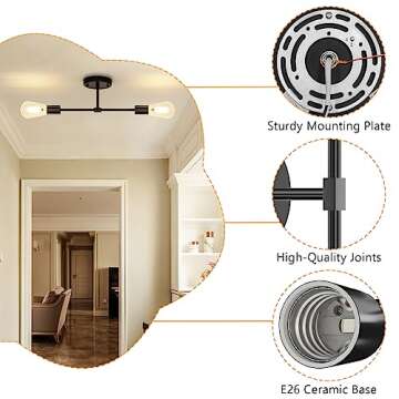 FadimiKoo 2-Light Black Bathroom Light Over Mirror, Modern Sconces Wall Lighting Fixtures, Indoor Semi Flush Mount Ceiling Light for Hallway Bedroom Kitchen (1 Pack)
