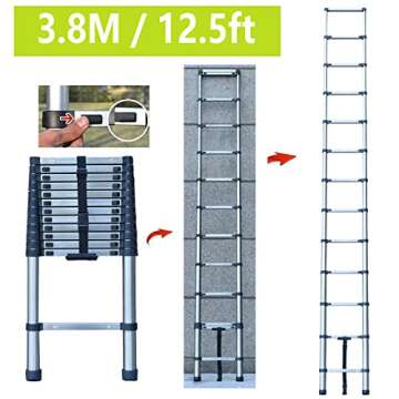 Telescoping Ladder Extension Ladder 12FT Collapsible Ladder Telescopic Extendable Ladder, Stainless Steel Attic Ladder Rv Ladder Roof Ladder, Multi-Purpose Ladder for Household Daily, 330 Lb Capacity
