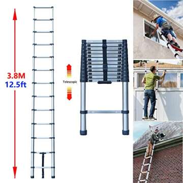 Telescoping Ladder Extension Ladder 12FT Collapsible Ladder Telescopic Extendable Ladder, Stainless Steel Attic Ladder Rv Ladder Roof Ladder, Multi-Purpose Ladder for Household Daily, 330 Lb Capacity