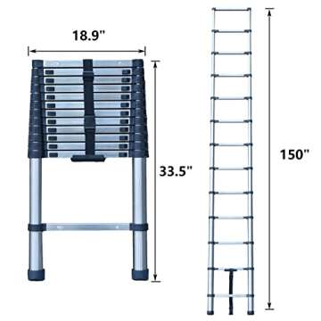 Telescoping Ladder Extension Ladder 12FT Collapsible Ladder Telescopic Extendable Ladder, Stainless Steel Attic Ladder Rv Ladder Roof Ladder, Multi-Purpose Ladder for Household Daily, 330 Lb Capacity
