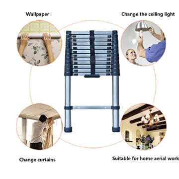 Telescoping Ladder Extension Ladder 12FT Collapsible Ladder Telescopic Extendable Ladder, Stainless Steel Attic Ladder Rv Ladder Roof Ladder, Multi-Purpose Ladder for Household Daily, 330 Lb Capacity