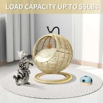 Vida Vistoso Hand-Woven Wicker Cat Bed, Hanging Basket Cat Swinging Bed for Indoor Outdoor, Hand Made Rattan Cat Nest Basket with Removable Cushion Khaki