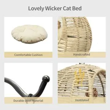 Vida Vistoso Hand-Woven Wicker Cat Bed, Hanging Basket Cat Swinging Bed for Indoor Outdoor, Hand Made Rattan Cat Nest Basket with Removable Cushion Khaki