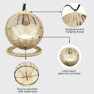 Vida Vistoso Hand-Woven Wicker Cat Bed, Hanging Basket Cat Swinging Bed for Indoor Outdoor, Hand Made Rattan Cat Nest Basket with Removable Cushion Khaki