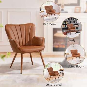 Yaheetech PU Leather Armchair, Modern Accent Chair with Metal Legs, Comfy Upholstered Barrel Chair for Living Room Bedroom Vanity Room, Brown