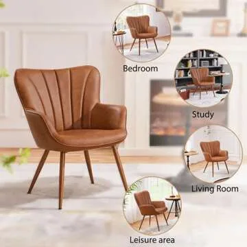 Yaheetech PU Leather Armchair, Modern Accent Chair with Metal Legs, Comfy Upholstered Barrel Chair for Living Room Bedroom Vanity Room, Brown