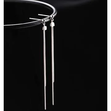 Reffeer Solid 925 Sterling Silver Tassel Chain Dangle Earrings for Women Teen Girls Long Dangle Drop Earrings Minimalist (A-Silver)
