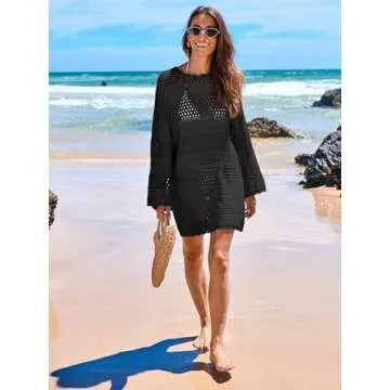 ANRABESS Women Swimsuit Crochet Swim Cover Up 2025 Summer Bathing Suit Swimwear Mesh Knit Beach Dress Vacation Outfits Black X-Large