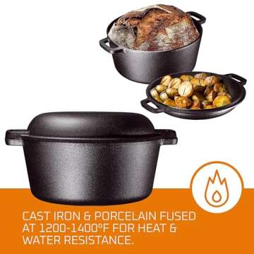 Bruntmor 5 Quart Cast Iron Dutch Oven with Skillet Lid - Versatile & Durable