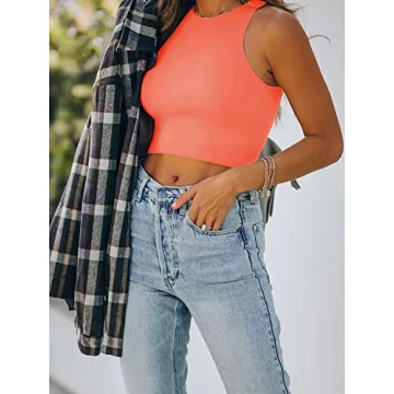 REORIA Women's Sexy Sleeveless High Neck Racerback Cropped Tank Tops Cute Teen Girls Halter Neck Crop Tops Vest Neon Pink Large