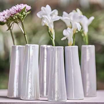 Chive - Set of 6 Galaxy, 1.5" in Wide 5.5" Tall Small Cylinder Ceramic Bud Flower Vase, Unique Single Flower Decorative Floral Vase for Home Decor, Bulk (Pearl White)