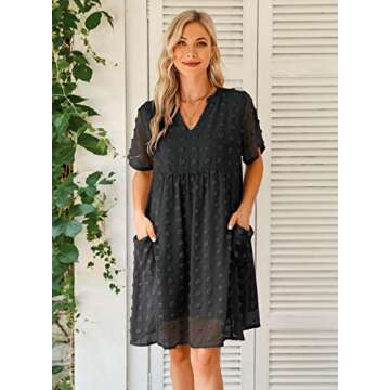 MIHOLL Womens Mini Dress V Neck Short Sleeve Ruffle Loose 2025 Summer Casual Flowy Dresses with Pockets（Black，Medium）