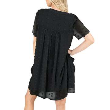 MIHOLL Womens Mini Dress V Neck Short Sleeve Ruffle Loose 2025 Summer Casual Flowy Dresses with Pockets（Black，Medium）