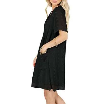 MIHOLL Womens Mini Dress V Neck Short Sleeve Ruffle Loose 2025 Summer Casual Flowy Dresses with Pockets（Black，Medium）
