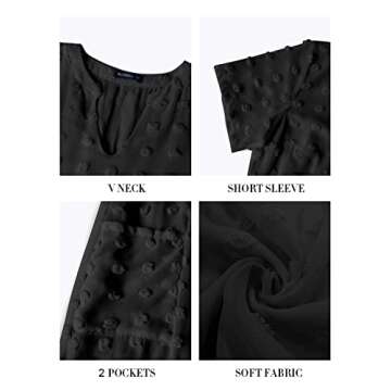 MIHOLL Womens Mini Dress V Neck Short Sleeve Ruffle Loose 2025 Summer Casual Flowy Dresses with Pockets（Black，Medium）