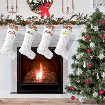 Amidaky Personalized Christmas Stockings 3 Pack White Faux Fur Christmas Stockings Customized with Names Embroidered Silver Snowflake Large for Family Holiday Xmas Party Decorations