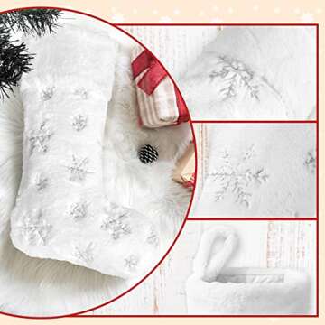 Amidaky Personalized Christmas Stockings 3 Pack White Faux Fur Christmas Stockings Customized with Names Embroidered Silver Snowflake Large for Family Holiday Xmas Party Decorations