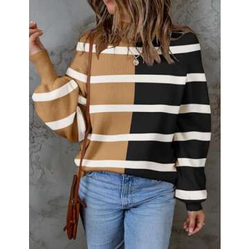 ZESICA Women's Fall Fashion Turtleneck Long Sleeve Striped Ribbed Knit Loose Pullover Sweater Tops,L...