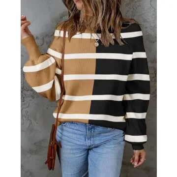 ZESICA Women's Fall Fashion Turtleneck Long Sleeve Striped Ribbed Knit Loose Pullover Sweater Tops,L...