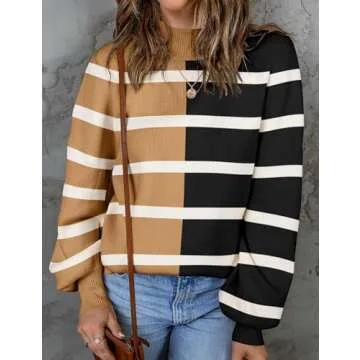 ZESICA Women's Fall Fashion Turtleneck Long Sleeve Striped Ribbed Knit Loose Pullover Sweater Tops,LightKhaki,Small