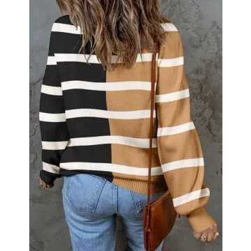 ZESICA Women's Fall Fashion Turtleneck Long Sleeve Striped Ribbed Knit Loose Pullover Sweater Tops,LightKhaki,Small