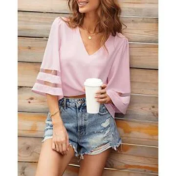 LookbookStore Women's Casual Cute V Neck Mesh Panel Blouse 3/4 Bell Sleeve Loose Top Summer Flowy Work Shirt Light Pink Size Large