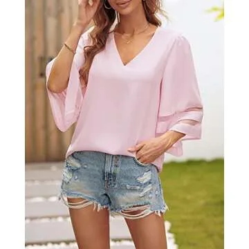 LookbookStore Women's Casual Cute V Neck Mesh Panel Blouse 3/4 Bell Sleeve Loose Top Summer Flowy Work Shirt Light Pink Size Large