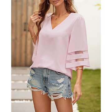 LookbookStore Women's Casual Cute V Neck Mesh Panel Blouse 3/4 Bell Sleeve Loose Top Summer Flowy Work Shirt Light Pink Size Large