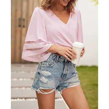 LookbookStore Women's Casual Cute V Neck Mesh Panel Blouse 3/4 Bell Sleeve Loose Top Summer Flowy Work Shirt Light Pink Size Large