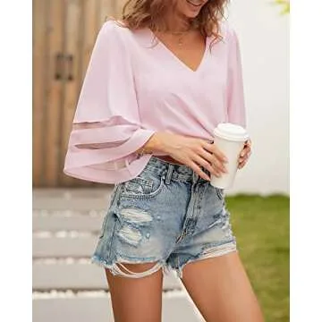 LookbookStore Women's Casual Cute V Neck Mesh Panel Blouse 3/4 Bell Sleeve Loose Top Summer Flowy Work Shirt Light Pink Size Large