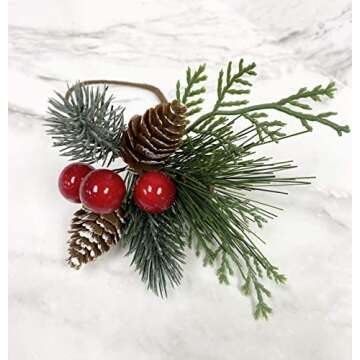 Angel Isabella Christmas Collection Napkin Rings - Cloth Napkin Holder For Table Setting, Evergreen Snowy Pinecone Napkin Rings with Berries & Decor to Match Holiday Dinner Dining Table Top - Set of 6