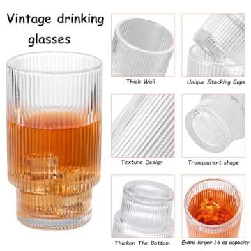 megarte Ribbed Glassware Vintage Drinking Glasses - 16 oz Glassware Stackable Highball Origami Style...
