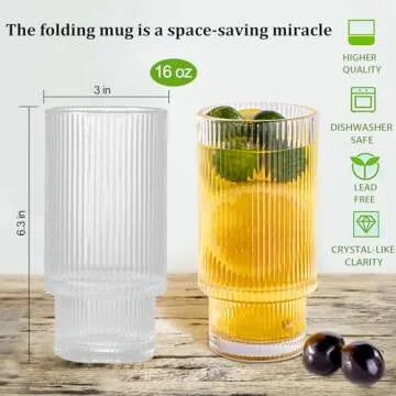 megarte Ribbed Glassware Vintage Drinking Glasses - 16 oz Glassware Stackable Highball Origami Style Glass Cup Fluted Vertical Stripes Romantic Water Drinking Cups Set of 6 Dishwasher Safe