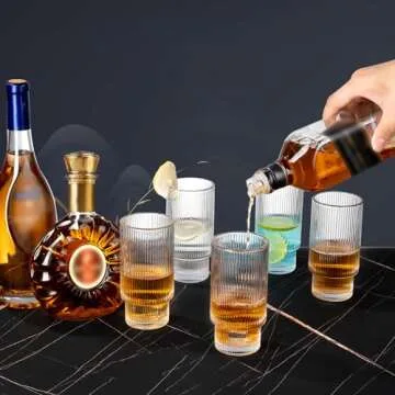 megarte Ribbed Glassware Vintage Drinking Glasses - 16 oz Glassware Stackable Highball Origami Style Glass Cup Fluted Vertical Stripes Romantic Water Drinking Cups Set of 6 Dishwasher Safe