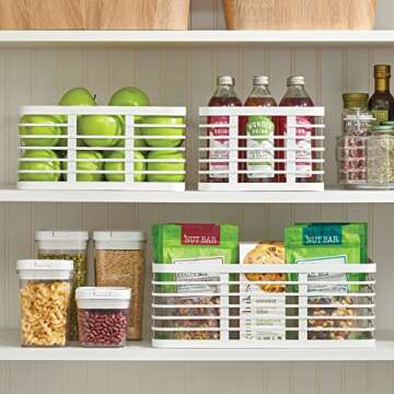 mDesign Large Steel Metal Wire Kitchen Food Storage Organizer Bin Basket for Pantry Organization - Wired Farmhouse Basket with Handle for Shelves - Carson Collection - 3 Pack, White