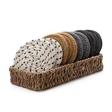 Boho Drink Coasters with Seagrass Basket Holder for Storage | Set of 8 Handmade Braided Cotton 4.3 I...