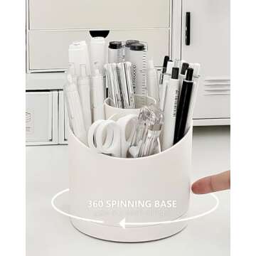 Lebenrich Rotating Pen Holder for Desk, Cute Desk Pencil Holder Cup for Home Office School, White Ma...
