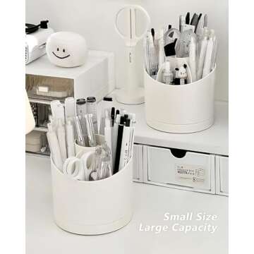 Lebenrich Rotating Pen Holder for Desk, Cute Desk Pencil Holder Cup for Home Office School, White Makeup Brush Holder Organizer Make up Cosmetics Container Storage Stand for Women Girls