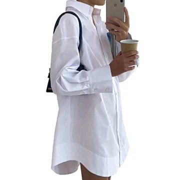 LYANER Women's Casual Shirt Dress Collar V Neck Button Down Loose Long Sleeve Mini Dresses White Small
