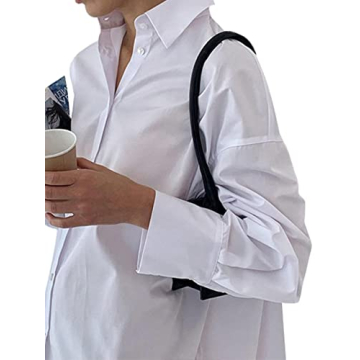 LYANER Women's Casual Shirt Dress Collar V Neck Button Down Loose Long Sleeve Mini Dresses White Small