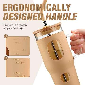 WINSA 32 oz Glass Tumbler with Lid and Straw,Glass Water Bottles with Handle,Glass Cup with Time Marker and Silicone Sleeve, Fits in Cup Holder BPA Free-Amber