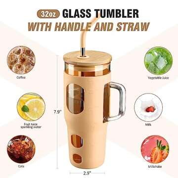 WINSA 32 oz Glass Tumbler with Lid and Straw,Glass Water Bottles with Handle,Glass Cup with Time Marker and Silicone Sleeve, Fits in Cup Holder BPA Free-Amber