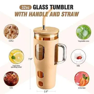 WINSA 32 oz Glass Tumbler with Lid and Straw,Glass Water Bottles with Handle,Glass Cup with Time Marker and Silicone Sleeve, Fits in Cup Holder BPA Free-Amber