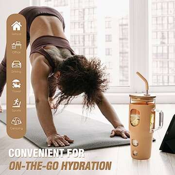 WINSA 32 oz Glass Tumbler with Lid and Straw,Glass Water Bottles with Handle,Glass Cup with Time Marker and Silicone Sleeve, Fits in Cup Holder BPA Free-Amber