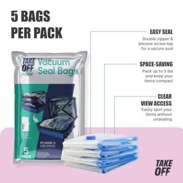 TAKE OFF Luggage Travel Vacuum Bags For Luggage - Organizer Pouches Clothes Compression Bag, Suitcase Packing Bags With Zipper, Perfect For Carry-on, Portable Small Vacuum Bags for Travel - (Set Of 5)