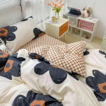 Wellboo Floral Comforter Sets King Women Girls Black Sunflower Comforters Cotton White and Black Botanical Bedding Sets Black Floral Quilts Large Flower Plant Bedding Watercolor Flower Bohemian Bed
